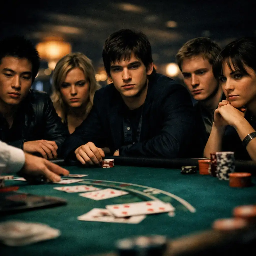 Kadr z filmu 21: studenci przy stole do blackjacka w kasynie