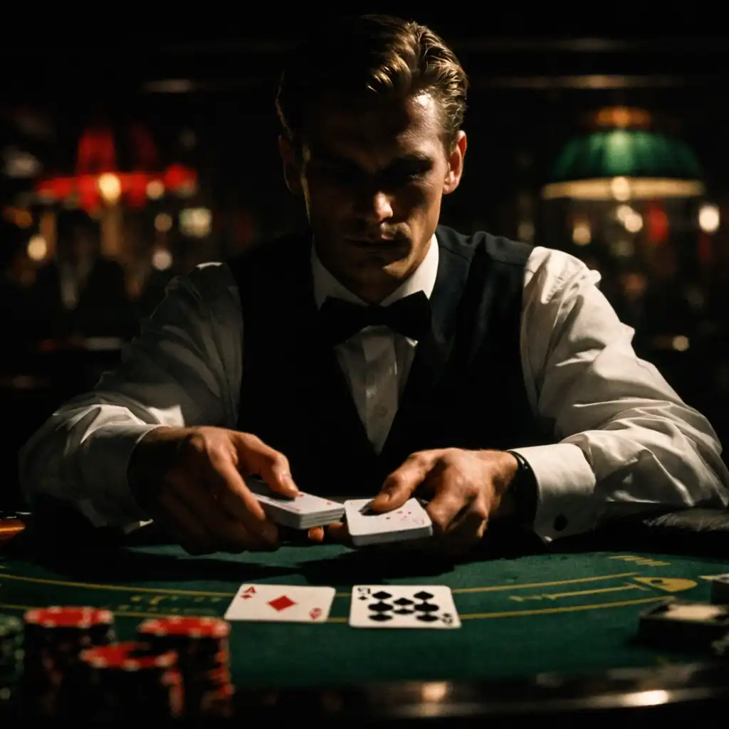 Kadr z filmu Croupier: krupier przy stole do blackjacka w klimacie noir
