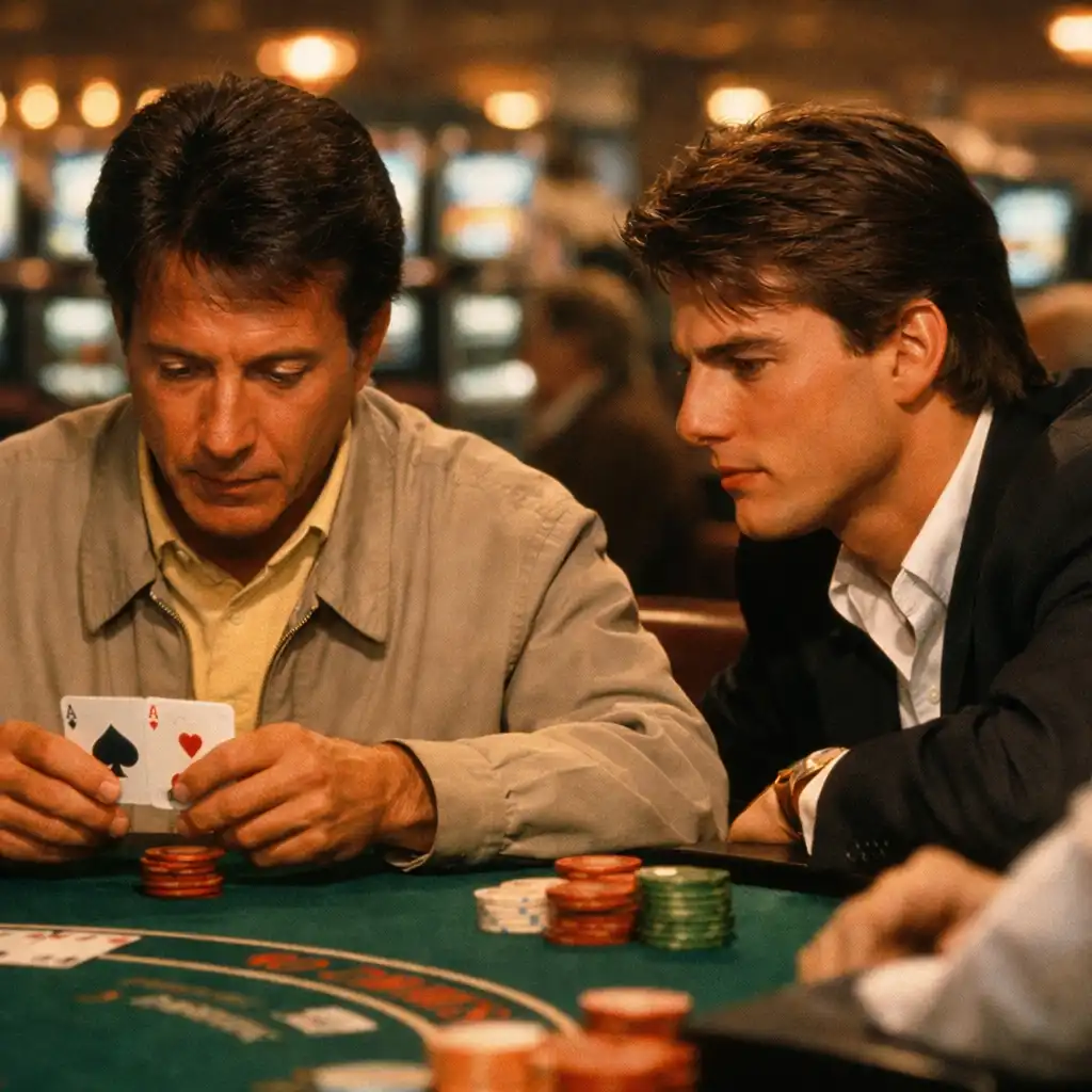 Kadr z filmu Rain Man: Raymond i Charlie przy stole do blackjacka
