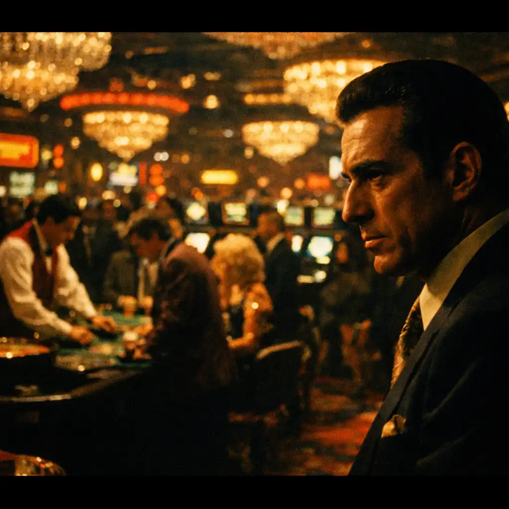 Scena z filmu Casino z 1995 roku: mężczyzna w garniturze obserwuje zatłoczone kasyno w Las Vegas