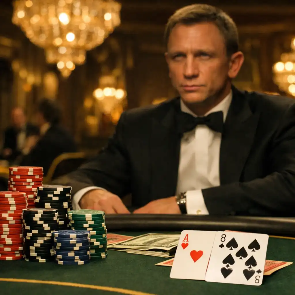Ujęcie z filmu Casino Royale: elegancki stół pokerowy w kasynie, żetony i karty, w tle James Bond w smokingu