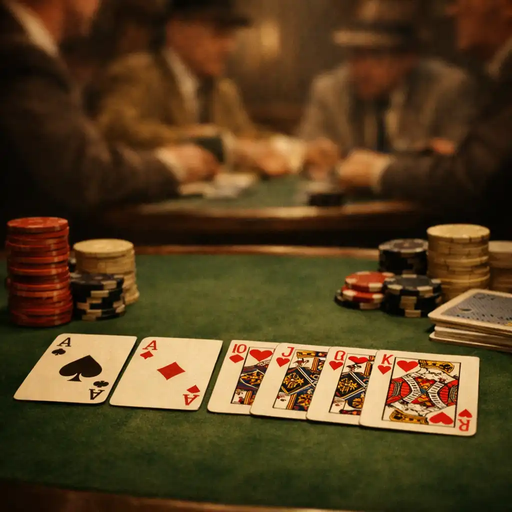 Kadr z filmu The Cincinnati Kid: zbliżenie na stół pokerowy z kartami i żetonami, w tle gracze w męskim klubie