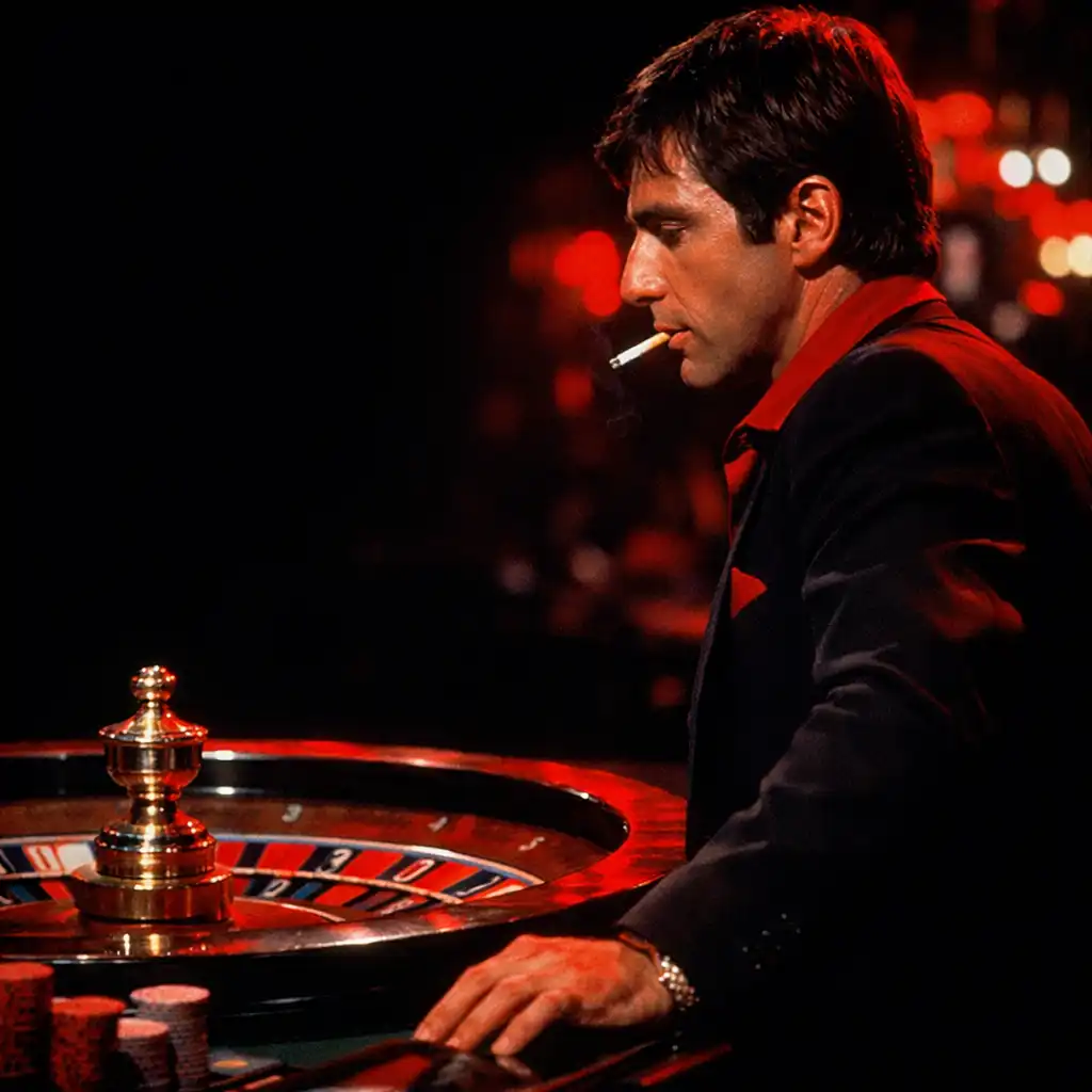 Kadr z filmu Człowiek z blizną: Al Pacino jako Tony Montana stoi przy stole do ruletki w kasynie