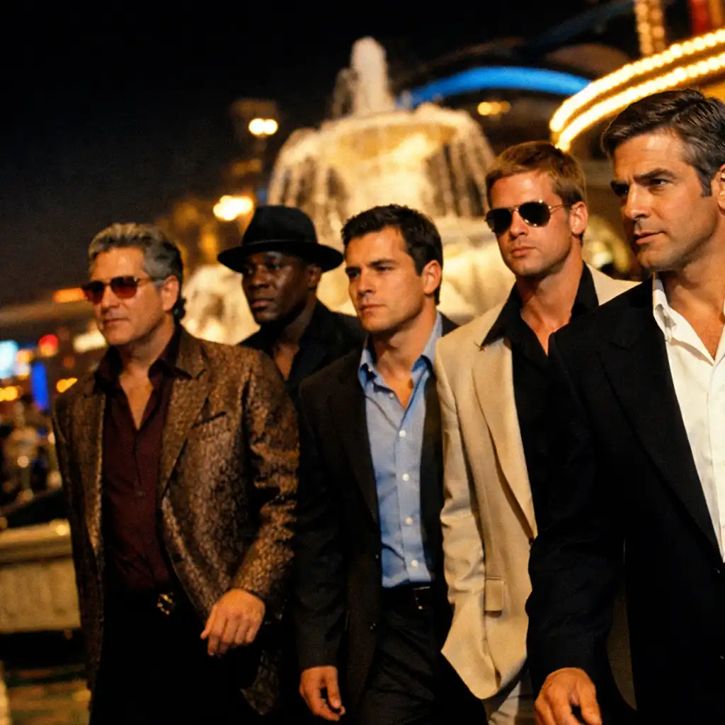 Scena z filmu Ocean's Eleven: grupa elegancko ubranych mężczyzn idzie przez hol kasyna w Las Vegas