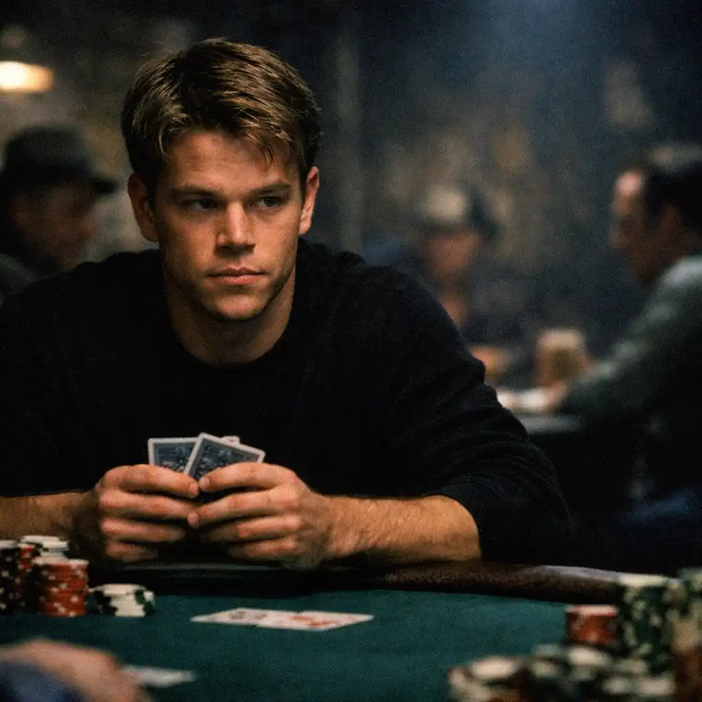 Kadr z filmu Rounders z 1998 roku: Mike McDermott przy stole pokerowym