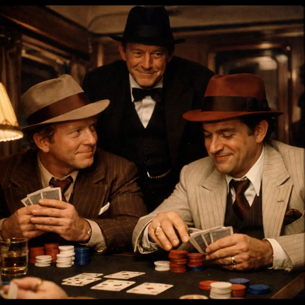 Scena z filmu The Sting z 1973 roku: mężczyźni w garniturach grają w pokera w pociągu